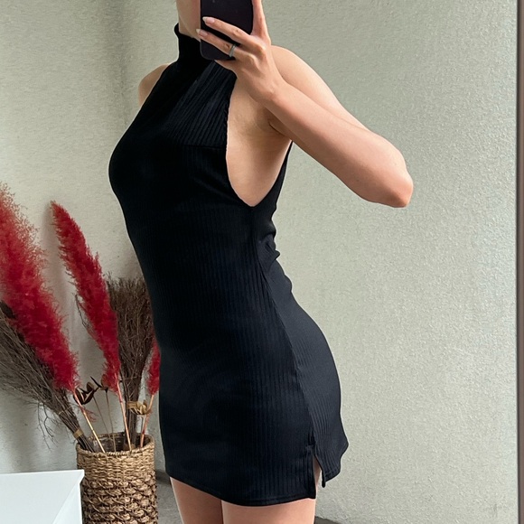 Dolls Kill Motel Mini Dress size S Black Goth Academia Bodycon Mock Neck Ribbed - Picture 1 of 5